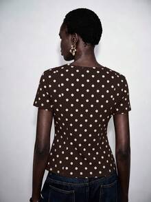 Lumivelle High Elasticity Knitted Fitted Solid Color Round Neck Short Sleeve Cinched Waist Ruffle Hem A-Line Casual Elegant Commute Minimalist Romantic Spring Summer Women's Regular T-Shirt - Brown - View 3