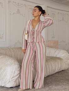 Andrea Bello Women's Pink Stripe Cotton Linen Long Pants,Casual Wide Leg Summer Boho Beach Vacation Holiday Trousers,Elegant Natural Style Resort Wear Fall - Multicolor - View 5