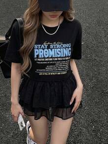 FRIFUL Women's Round Neck Colorblock Letter Print Decor Sleeve Mixed Material Loose Casual Streetwear T-Shirt For Summer Graphic Tee Cute Top - Black - View 1