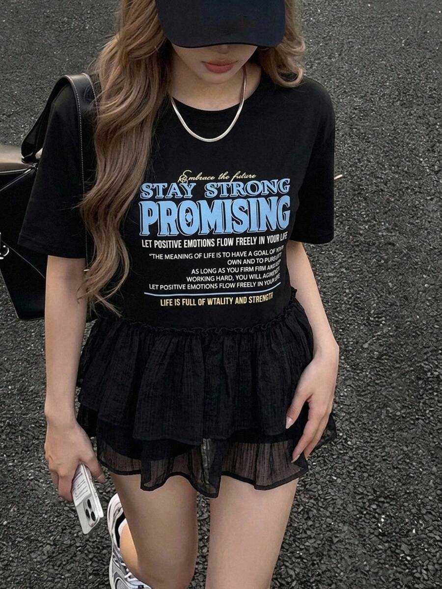 FRIFUL Women's Round Neck Colorblock Letter Print Decor Sleeve Mixed Material Loose Casual Streetwear T-Shirt For Summer Graphic Tee Cute Top - Black - View 1