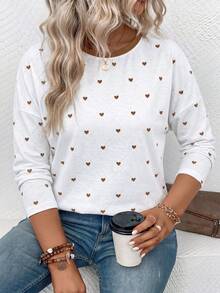 SHEIN LUNE Fashion Casual Basic Round Neck Colorblock Heart Pattern Print Plus Size T-Shirt Fall - Multicolor - View 4