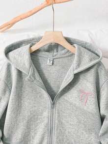 SHEIN 青少年女孩長袖返校時尚舒適灰色純色蝴蝶結拉鍊抓絨運動外套 - 灰色 - 查看 3