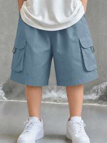 SHEIN 青少年男孩夏季休閒純色工裝短褲 - 藍色 - 查看 3