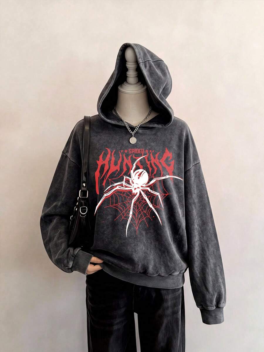 SHEIN EZwear 秋季新款復古水洗做舊蜘蛛標語印花女款休閒寬鬆水洗衛衣上衣,適合日常通勤、聚會、秋冬夏季、聖誕節、新年、感恩節、派對、婚禮、海灘、畢業典禮、優雅、外出、約會、通勤、情人節、度假、Y2K - 黑色 - 查看 1