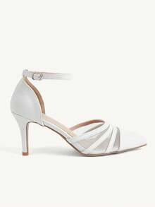 CUCCOO CHICEST Women's White Mesh Leather Stitched Back Empty High Heels, Pointed Ankle Strap Stiletto Commuter Shoes - White - View 7