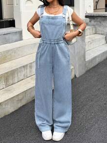 Rivivi Overall Denim Cuci Serut Kasual Serbaguna Fashion Warna Biru Muda untuk Perjalanan Musim Panas - Light Wash - View 1