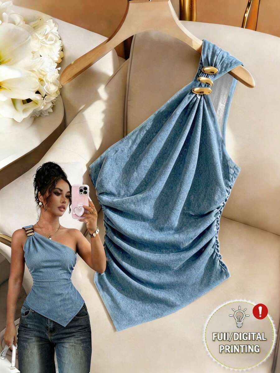 Franclia 女款紅色波點印花不對稱肩金屬扣修身抓皺不對稱下擺上衣/背心,情人節、約會、返校、夏季、海灘、度假、復古波點 - 淺藍色 - 查看 1