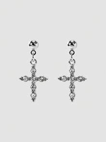 MortiRose 10pcs Simple Cross, Heart Shaped Earrings Set, Cross Stud Earrings, Mini Earrings, Fashion Earrings Accessories For Women, Suitable For Daily Wear - Silver - View 4