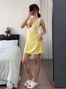 Napfluff 女款無袖蕾絲深V領短款睡裙居家服 - 黃色 - 查看 4