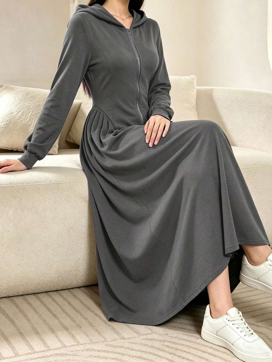 Modelyn Women's Dark Grey Casual Versatile Commuter Homewear Everyday Long Sweatshirt Dress Autumn - Grey - View 1