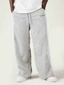 SUMWON Club Side Stripe Fleece Sweatpants With Drawstring Waist And Raw Hem Casual Lounge Pants - Grey - View 4