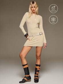 BAD SUNDAY Women's Elegant Sexy Water Drop Neck Long Sleeve Mini Knit Dress, Y2K Millennium Vintage Gold & Silver Metallic Thread, Suitable For Dating, All Seasons - Gold - View 7