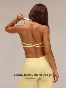 GLOWMODE Ultrafine Soft Seamless Work It Out Thin Strap Halter Top With Open Back Design & Removable Cups Training Workout Gym Fitness Summer Wear - French Vanilla - View 2