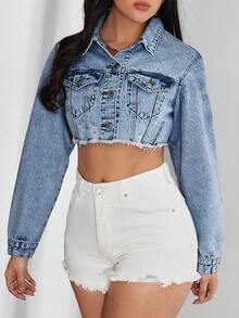 SHEIN EZwear 女款單排扣毛邊下擺休閒百搭日常牛仔夾克 - 中等水洗藍 - 查看 5