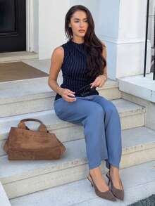 Harriette Anya Women's Casual Commuter Contrast Waistband Straight Leg Pants - Blue - View 4