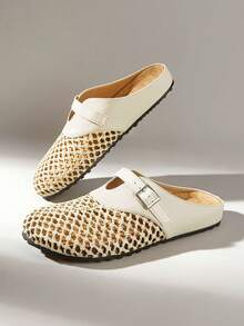 Solecia Spring And Summer New Woven Mat Mesh, Splicing With Decoration, Round Toe Design, Slip-On Heel, Comfortable And Simple Vacation, Women's Flats, A Must For Commuting, Casual And Versatile - apricot leather - View 5