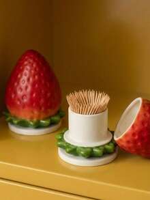 Joivida Strawberry-Shaped Toothpick Holder . It Serves As A Practical Storage Container For Toothpicks And Cotton Swabs, Paired With A Matching Base. The Cute Fruit-Shaped Design Works As A Delicate Decorative Ornament Toothpicks Will Be Sent For Free. - View 4