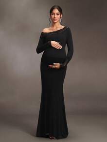 Cheriluna Maternity 不對稱單肩蕾絲拼接內搭衫，不對稱領口，長袖喇叭袖口，高腰修身剪裁，性感孕婦優雅黑色冬季款 - 黑色 - 查看 5
