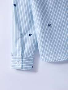 Tween Girls' Casual Cute Blue And White Stripe Print With Small Bows All-Over Pattern Long Sleeve Shirt For Travel School Autumn - Blue - View 3