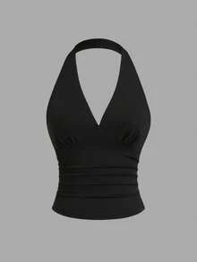 Sweetra Women's Ruched Fitted Halter Neck Top, Versatile For Daily Wear And Outings - Multicolor - View 4