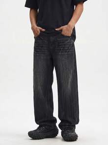 Manfinity Hypemode Celana Jeans Denim Pria American Vintage Washed Black Premium Serbaguna dengan Potongan Longgar - Hitam - View 3