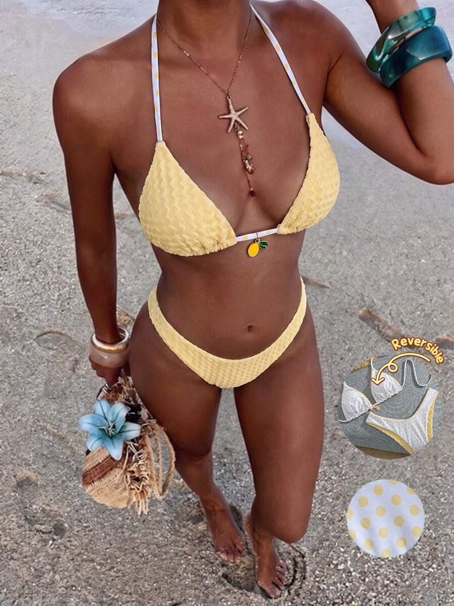 Swim Vcay 女款夏季海灘拼色掛脖綁帶性感比基尼三角褲兩件式泳衣套裝 - 黃色 - 查看 1