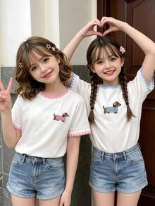 YoungGirl 2件組 仿刺繡小狗圖案粉藍對比領白色上衣，夏季百搭簡約姊妹裝 - 彩色 - 查看 3