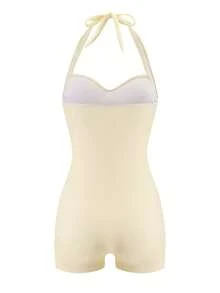 Swim Lushoire 女款純色露背掛脖式連身泳衣 - 米色 - 查看 2