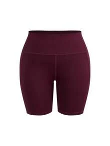 SHEIN Cheerettes Celana Pendek Olahraga Wanita Ukuran Besar Warna Polos Modis dengan Kantong, Warna Merah, Lembut, Elastis, Bernapas, Menyerap Keringat, Anti-Jongkok, Pengontrol Perut, Mengangkat Bokong, Sisi Samping - Hitam - View 9