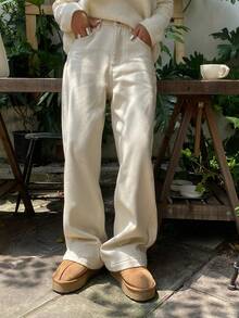 Livesso Tall Celana Jeans Denim Kasual Wanita Model Lurus Longgar dengan Lapisan Termal untuk Musim Gugur/Dingin - Putih - View 2