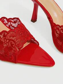CUCCOO SZL 女款刺繡蕾絲尖頭細高跟涼鞋 夏季鞋 - 紅色 - 查看 5
