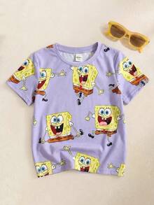SpongeBob SquarePants | SHEIN 少女夏季休閒卡通印花T恤 - 紫色 - 查看 1
