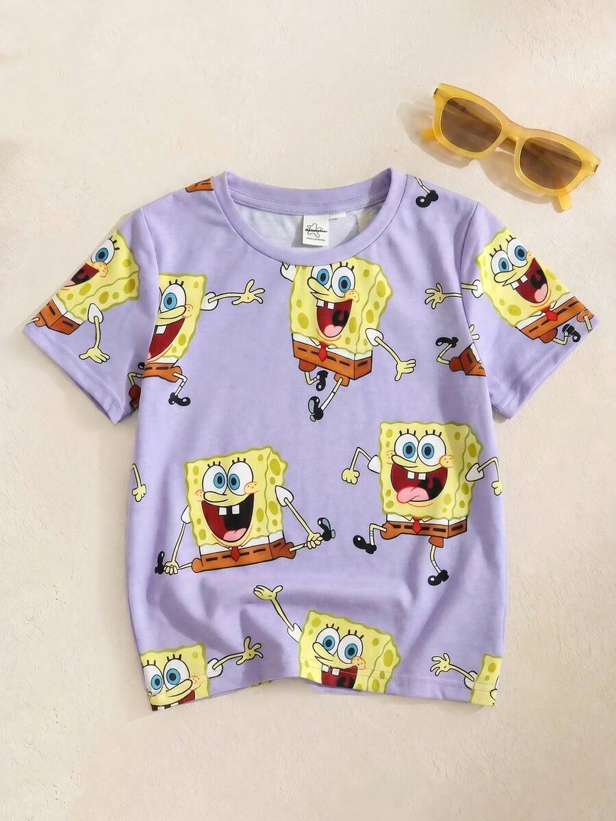 SpongeBob SquarePants | SHEIN 少女夏季休閒卡通印花T恤 - 紫色 - 查看 1