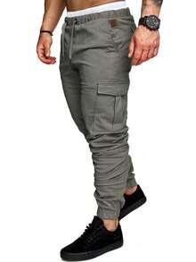 Manfinity Roughcore Men Casual Drawstring Waist Cargo Pants, For Fall - Dark Grey - View 7