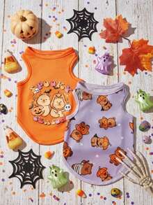 2pcs Pet Cat Dog Universal Halloween Purple Orange Pumpkin Guinea Pig Cartoon Pattern Print Fashionable Breathable Comfortable Dog Vest, PETSIN Original Design - Multicolor - View 2