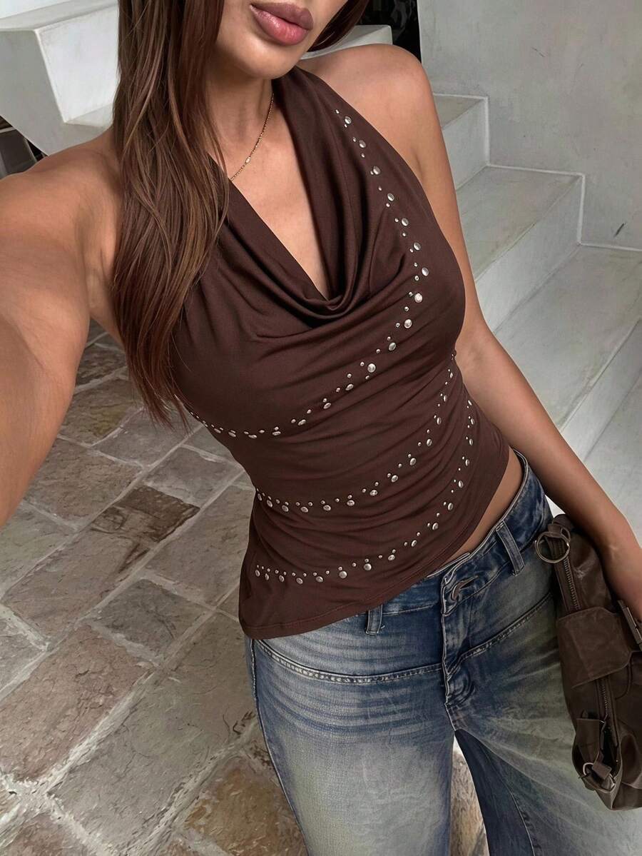 Aloruh Sexy Draped Neck Foil Decor Asymmetrical Hem Fitted Sleeveless Top, Backless Innerwear/Outerwear Tank Top, Shades Of Brown, Y2K, Club, Summer - Coffee Brown - View 1