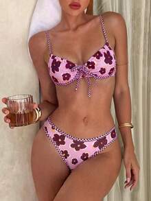 Swim Mod New Lemon Yellow Textured Bikini, Bow Knot Front, Underwire Support & High Leg Beach Swimwear - Multicolor - View 3