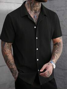SLATEMANN Camisa de manga corta de punto jacquard de unicolor para hombre - Negro - Ver 6