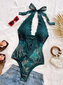 Soleia Plus Size Sexy V-Neck Halter Tie Lace Patchwork Paisley Print Fitted Women's Bodysuit - Blue - View 3