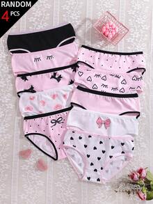 [4pcs Random] All Season Back To School Cute Girl Pattern Printed Pink Eyes Bow Heart Color Scheme Triangle Panties For Girls - Multicolor - View 1