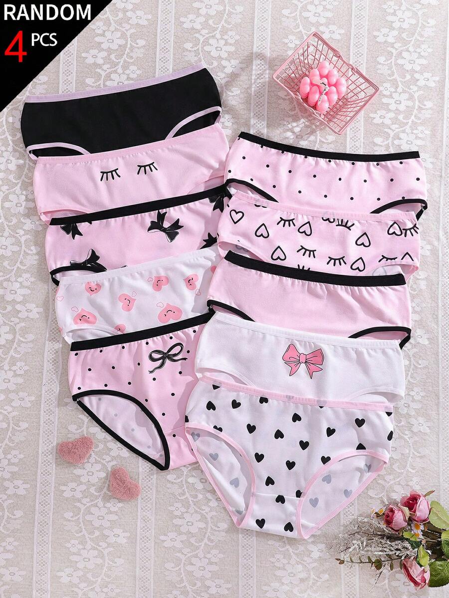 [4pcs Random] All Season Back To School Cute Girl Pattern Printed Pink Eyes Bow Heart Color Scheme Triangle Panties For Girls - Multicolor - View 1