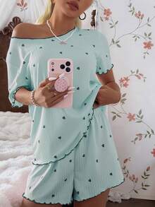 CottageSlumber Conjunto de pijama para mujer con camiseta de manga corta y pantalones cortos, ajuste holgado, acanalado, con estampado de corazones pequeños en color verde - verde menta - Ver 6