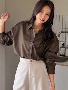 DAZY Camisa oversize con botones y hombros caídos, manga larga, ropa de otoño - Marrón Chocolate - Ver 5
