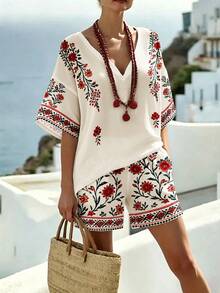 Breezaya Plus Size Boho Floral Print V Neck Batwing Short Sleeve Top & Elastic Waist Shorts 2 Pieces Outfit Set Women Lightweight Summer Daily Going Out Casual - Multicolor - View 4