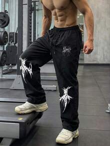 GymBeat Men's Gothic Spider Print Drawstring Waist Loose Fit Sports Long Pants - Black - View 7