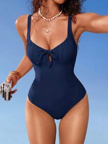 Shapewave Women's Solid Color One-Piece Swimsuit For Beach Vacation - Navy Blue - View 6