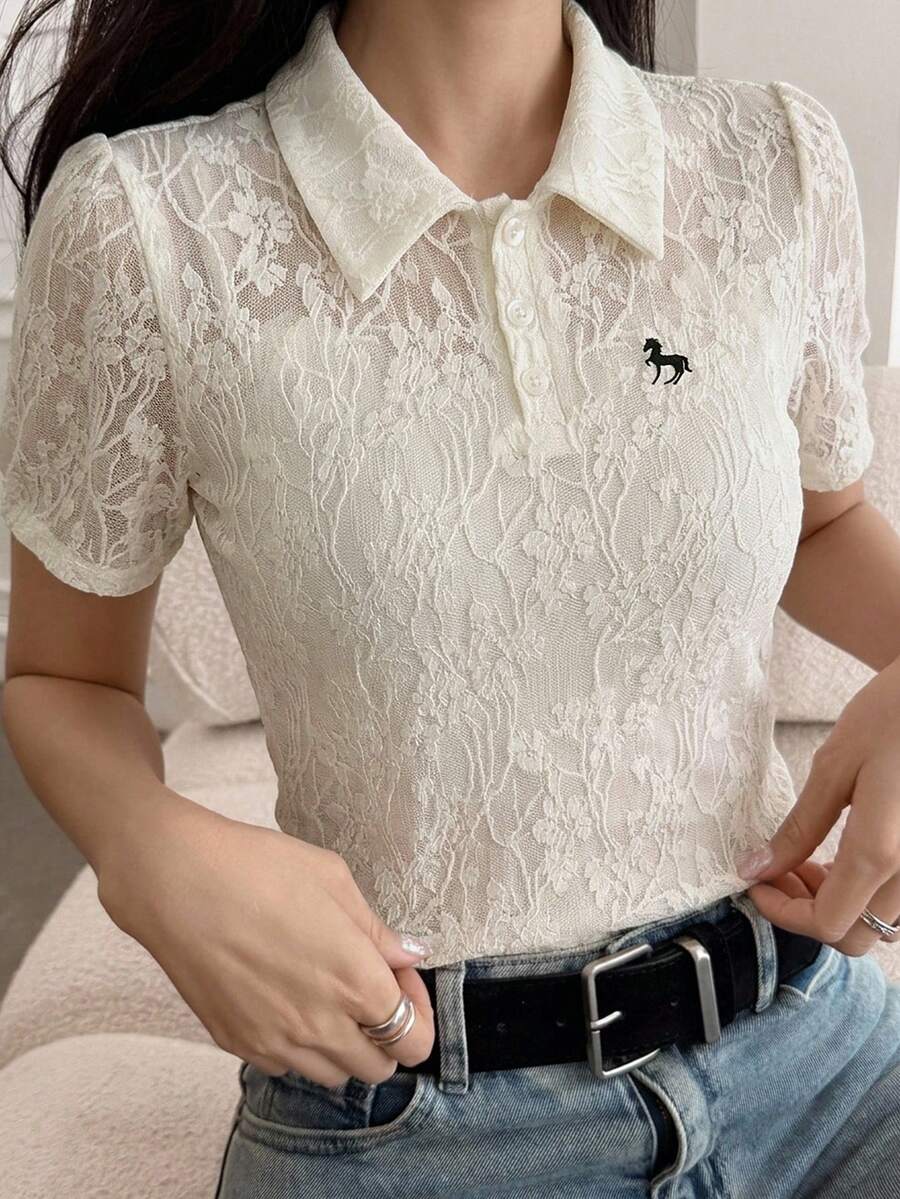 FRIFUL Women's Regular Fit Half-Button Polo Collar Top With Embroidered Print And Textured Fabric - White - View 1