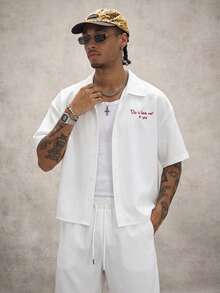 PAVTROS Men's Casual Letter Embroidered Shirt And Shorts Set Y2k Outfit Men - White - View 8
