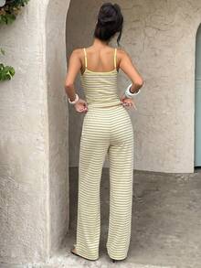 Aloruh 休閒極簡黃灰色仿紋條紋滿版印花女款居家服背心與長褲套裝，適合春夏度假 - 彩色 - 查看 8