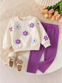 SHEIN Vintaside Kids 女嬰秋季紫色兩件套，刺繡衛衣與針織內搭褲，可愛極簡風，適合與紫色長褲家庭穿搭 - 紫色 - 查看 2